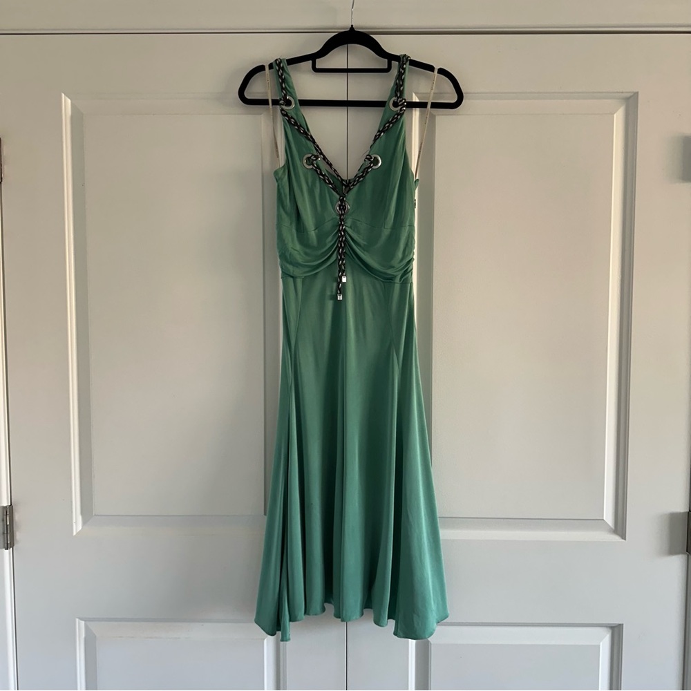 Vintage Karen Millen Aqua Satin Dress with Braided Leather Straps - Size 8 - Ret